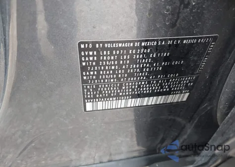 2021 Volkswagen Tiguan 2.0T Se/2.0T Se R-Line Black/2.0T Sel z USA, uszkodzony, nr VIN 3VV2B7AX4MM110397